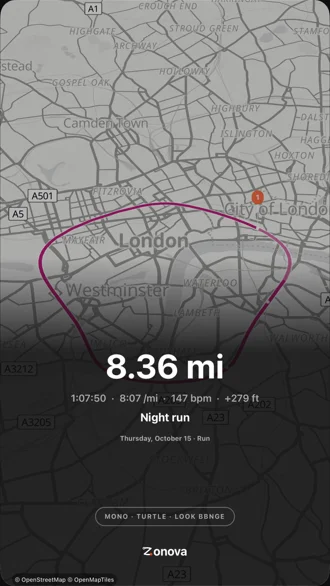 A finished Zonova Replay card of a night run over a map of London
