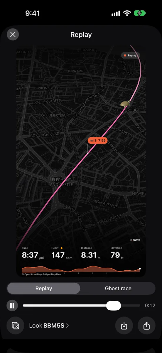 A Zonova Replay film of a run on a dark map, with pace, heart rate, distance and elevation